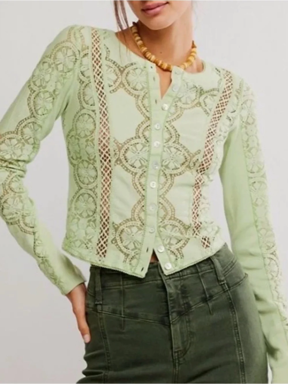 Light Green Lace-Panel Button Front Women’s Top